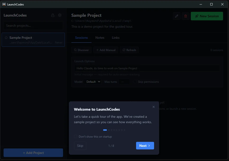 LaunchCodes — Built-in guided tour for new users